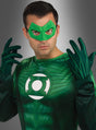 Eine Person in einem Green-Lantern-Kostüm, zu dem die „Grünen Handschuhe Herren“ als stilvolles Kostüm-Accessoire gehören, sowie eine grüne Maske und ein T-Shirt mit dem Green-Lantern-Logo, posiert vor einem grauen Hintergrund.