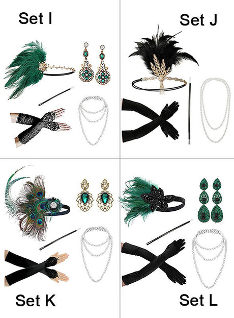 Vier Charleston-Kostümzubehör-Sets in Gold, jeweils bestehend aus einem Feder-Haarreif, elegantem goldenem Haarschmuck, Ohrringen, einer Halskette, Handschuhen und diversem Schmuck – ideal, um Ihren authentischen Look der 1920er Jahre zu vervollständigen. Die Sets sind eindeutig als Set I, Set J, Set K und Set L gekennzeichnet. Dieses 20er-Jahre-Accessoire-Set eignet sich perfekt, um jedem Kostüm-Ensemble Vintage-Stil und Flair zu verleihen.
