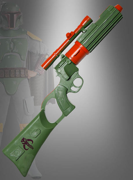 Der „Boba Fett Blaster Star Wars“ ist ein grün-orangefarbenes Spielzeuggewehr mit Zielfernrohr, das von der Waffe der legendären Science-Fiction-Figur inspiriert ist – ideal für jeden Star-Wars-Boba-Fett-Fan oder zur Vervollständigung Ihres Boba-Fett-Kostüms. Ein dezent im Hintergrund abgebildetes Motiv einer Person in grüner Rüstung unterstreicht den Reiz des Modells.