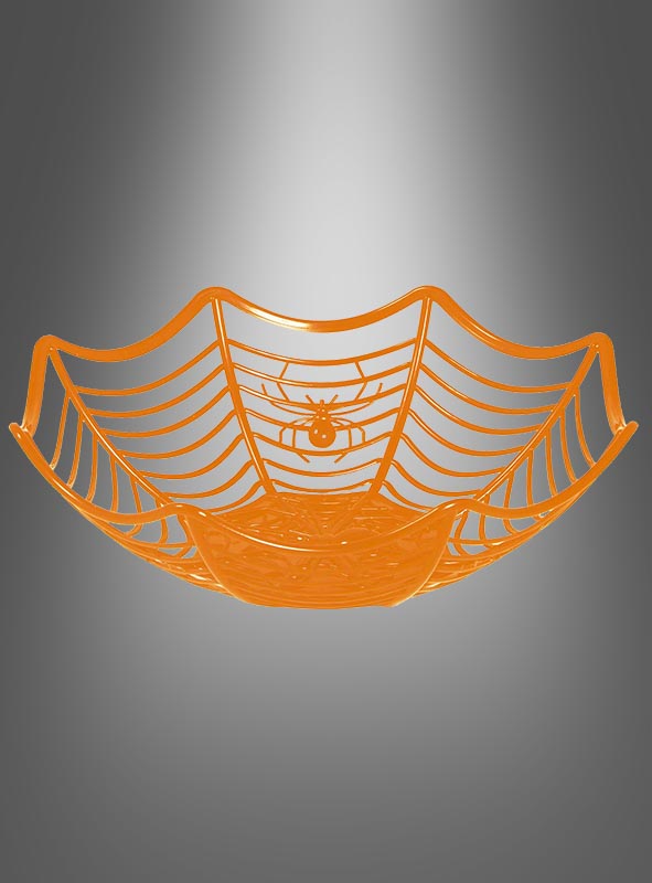 Wir präsentieren die Spinnennetz-Dekoschale Halloween 27 cm: eine orangefarbene, spinnennetzförmige Schale mit einem Spinnenmotiv in der Mitte, ideal für die Halloween-Tischdekoration und hier vor einem grauen Hintergrund mit Farbverlauf abgebildet.