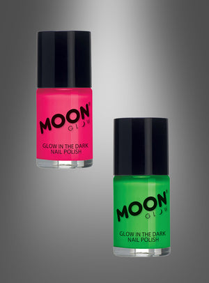 Zwei Flaschen Nagellack in Neonfarben, die im Dunkeln leuchten – eine in Rosa und eine in Grün –, sind vor einem grauen Hintergrund mit Farbverlauf zu sehen. Dieser Neon-Nagellack leuchtet im Schwarzlicht und eignet sich ideal für jede 80er-Jahre-Party.