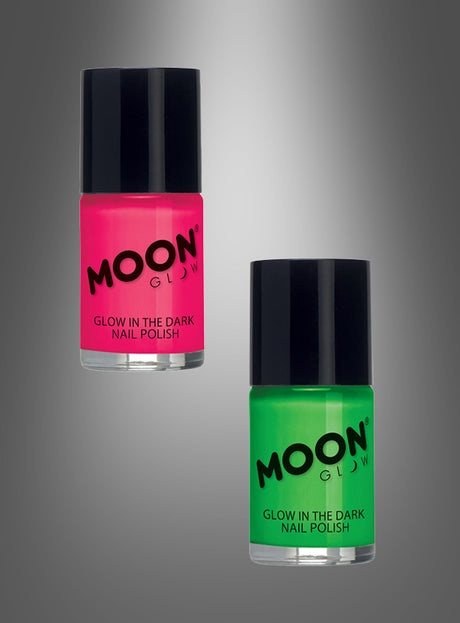 Zwei Flaschen Nagellack in Neonfarben, die im Dunkeln leuchten – eine in Rosa und eine in Grün –, sind vor einem grauen Hintergrund mit Farbverlauf zu sehen. Dieser Neon-Nagellack leuchtet im Schwarzlicht und eignet sich ideal für jede 80er-Jahre-Party.
