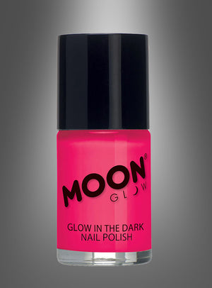 Eine Flasche Nagellack in Neonfarben mit schwarzem Verschluss, präsentiert vor einem grauen Hintergrund mit Farbverlauf. Dieser leuchtend pinkfarbene, im Dunkeln leuchtende Nagellack ist ideal für jede 80er-Jahre-Party und sorgt im Schwarzlicht für einen atemberaubenden Effekt.