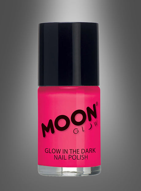 Eine Flasche Nagellack in Neonfarben mit schwarzem Verschluss, präsentiert vor einem grauen Hintergrund mit Farbverlauf. Dieser leuchtend pinkfarbene, im Dunkeln leuchtende Nagellack ist ideal für jede 80er-Jahre-Party und sorgt im Schwarzlicht für einen atemberaubenden Effekt.