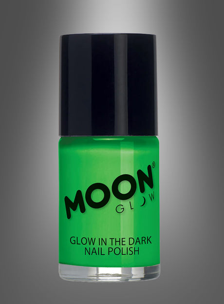 Eine Flasche Nagellack in Neonfarben, die leuchtend grün schimmert und perfekt für eine 80er-Jahre-Party ist, steht vor einem grauen Hintergrund mit Farbverlauf. Dieser leuchtende Neon-Nagellack sorgt dafür, dass deine Nägel im Schwarzlicht besonders auffallen.
