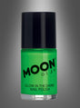 Eine Flasche Nagellack in Neonfarben, die leuchtend grün schimmert und perfekt für eine 80er-Jahre-Party ist, steht vor einem grauen Hintergrund mit Farbverlauf. Dieser leuchtende Neon-Nagellack sorgt dafür, dass deine Nägel im Schwarzlicht besonders auffallen.