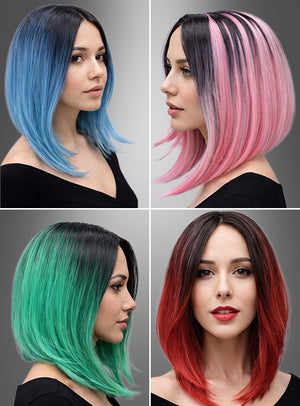 Auf vier Fotos ist eine Frau mit schulterlangem Haar zu sehen, jeweils in einer anderen leuchtenden Farbe – Blau, Rosa, Grün und Rot –, mit dunklen Haaransätzen und als glatte Langhaarperücke gestylt. Diese Looks, die das auffällige Design der zweifarbigen Perücke „Lilia“ zur Geltung bringen, sind perfekt für Liebhaber von Karnevalsperücken und wurden vor einem einfarbigen Hintergrund fotografiert.