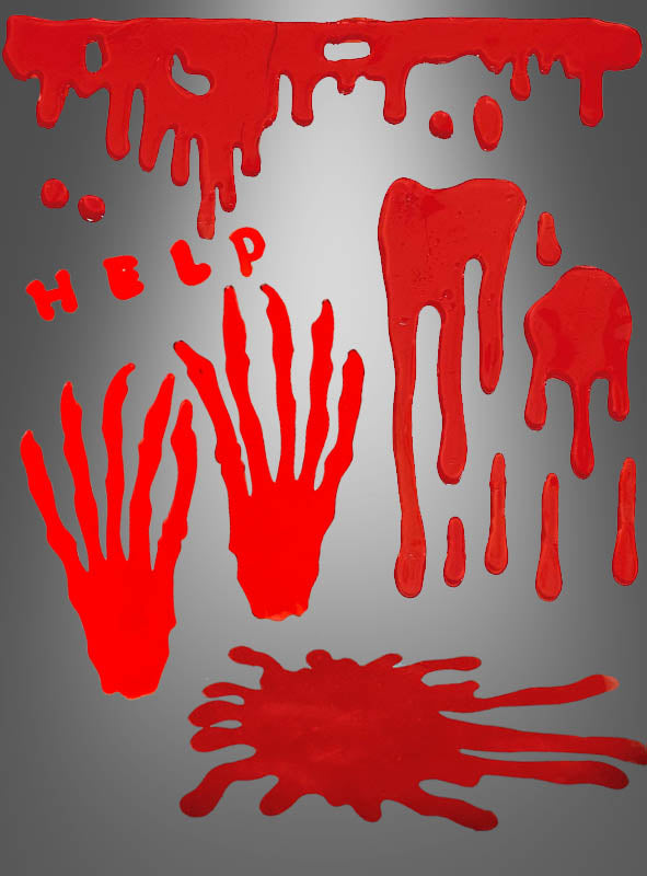 Die blutige Halloween-Fensterdekoration zeigt rote Handabdrücke, Tropfen und Spritzer, die auf einem grauen Hintergrund mit Farbverlauf authentisch wie Blut wirken und so eine gruselige Atmosphäre schaffen. Oben links steht in roter Schrift das Wort „HELP“, was diese blutige Halloween-Fensterdekoration sowohl auffällig als auch unheimlich macht – perfekt für Ihre gruselige Dekoration.