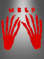 Auf einem grauen Hintergrund mit Farbverlauf sind zwei rote Handabdrücke und das in Rot geschriebene Wort „HELP“ zu sehen – damit eignet sich diese blutige Halloween-Fensterdeko perfekt für Ihre gruselige Fensterdekoration.
