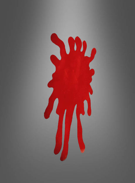 Eine auffällige rote Spritzform, inspiriert vom Halloween-Produkt „blutige Fensterdeko“, ist mittig auf einem grauen Hintergrund mit Farbverlauf platziert.