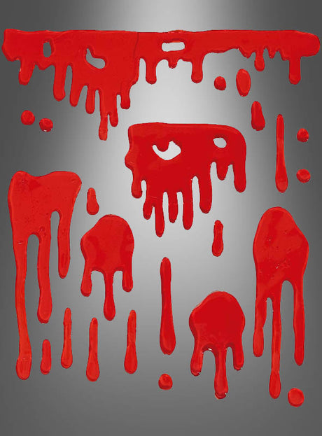 Rote Flüssigkeit tropft vor einem grauen Hintergrund mit Farbverlauf herab und bildet stilisierte Spritzer in verschiedenen Formen und Längen – ideal, um mit der blutigen Halloween-Fensterdekoration einen gruseligen Effekt zu erzielen oder Ihre gespenstische Kulisse mit realistischen Blutspritzern zu unterstreichen.