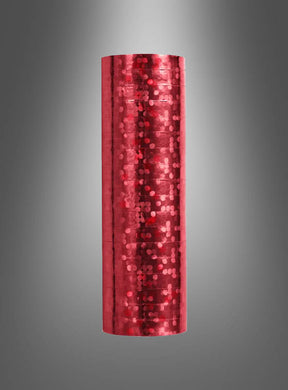 Ein hohes, zylindrisches, rotes Objekt mit einer glänzenden, reflektierenden, mit Pailletten besetzten Oberfläche steht aufrecht vor einem grau verlaufenden Hintergrund – perfekt als glitzernde Luftschlangen für die Partydekoration oder um die festliche Stimmung des Karnevals einzufangen.