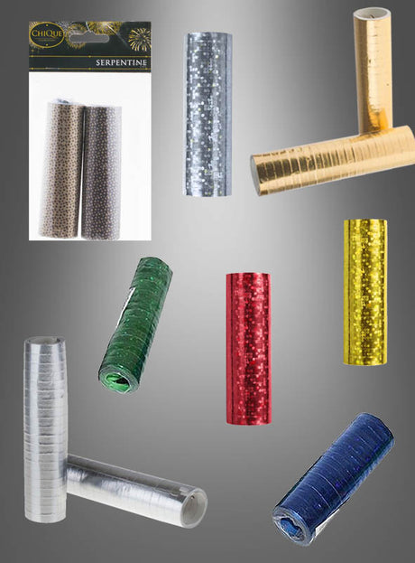Acht Rollen Luftschlangen für die Partydekoration in metallischen, strukturierten Ausführungen – in verschiedenen Farben wie Gold, Silber, Schwarz, Rot, Grün, Gelb und Blau – sind vor einem grauen Hintergrund zu sehen und bilden so den perfekten farbenfrohen Akzent für Ihre nächste Karnevalsfeier.