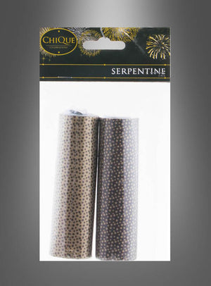 Zwei Rollen Luftschlangen – eine goldene und eine schwarze mit kleinen Sternmotiven – in einer Verkaufsverpackung mit der Aufschrift „Luftschlangen für Partydeko“ sind die perfekte Wahl für den Karneval oder jeden anderen festlichen Anlass. Diese farbenfrohen Luftschlangen verleihen Ihrer Festdekoration einen funkelnden Touch.