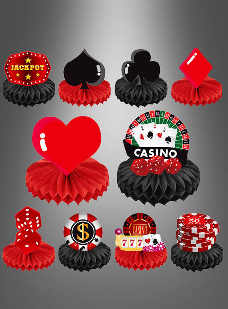 Fügen Sie anhand der bereitgestellten Daten einen neuen Text hinzu: Verleihen Sie Ihrer nächsten Veranstaltung das gewisse Etwas mit dem 10-teiligen Casino-Party-Tischdekorationsset: zehn farbenfrohe Tischdekorationen im Casino-Stil mit Spielkartenfarben, einem Roulette-Rad, Pokerchips, Würfeln, einem Jackpot-Schild und vielem mehr – jeweils präsentiert auf auffälligen rot-schwarzen Wabenständern. Perfekt als atemberaubende Casino-Party-Dekoration oder Las-Vegas-Tischdeko!.