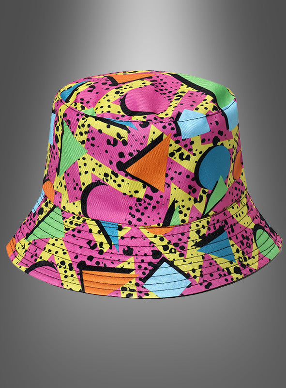 Bring Farbe in dein Outfit mit dem wendbaren Retro-Bucket-Hat im 80er- und 90er-Jahre-Stil: Dieser Bucket-Hat besticht durch ein lebhaftes, abstraktes Muster mit geometrischen Formen und schwarzen Sprenkeln auf einem grauen Farbverlauf – ideal, um deinem Look bei jeder 90er-Jahre-Mottoparty einen auffälligen Akzent zu verleihen.