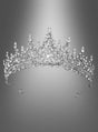 „Luxus Krone für Königin“ – eine silberne Tiara, verziert mit filigranen, funkelnden Kristall- und Edelsteinakzenten, die an eine Königin-Krone oder ein Diadem aus Gold und Silber erinnern, elegant präsentiert vor einem grau verlaufenden Hintergrund.