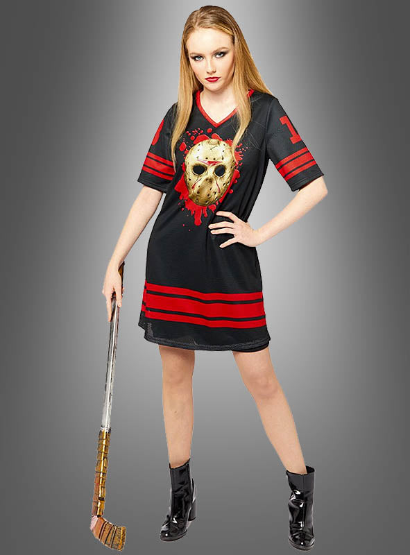 Eine Frau im „Freitag, der 13.“-Jason-Damenkostüm – einem schwarz-roten Kleid mit einem Aufdruck einer Eishockeymaske – steht selbstbewusst mit einem Eishockeyschläger vor einem grauen Hintergrund. Dieses Halloween-Kostüm ist perfekt für Fans, die einen auffälligen und unvergesslichen Look suchen, der von der Kultfigur Jason Voorhees inspiriert ist.