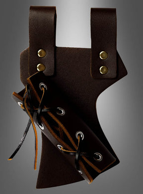 Der „Mittelalter Schwertscheide Gürtelhalter“ ist ein dunkelbrauner Axt-Halter aus Leder mit Metallnieten und Schnürdetails, der sich bequem am Gürtel befestigen lässt – ideal als Gürtelhalter für Schwerter oder zur Vervollständigung Ihres Mittelalter-Kostüms bei jeder historischen Nachstellung.