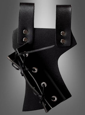 Mittelalterliche Schwertscheide mit Gürtelhalter aus schwarzem Leder mit Metallnieten, mit verstellbaren Riemen und Schnürverschluss, inspiriert von mittelalterlichen Kostümen, vor einem schlichten grauen Hintergrund abgebildet.