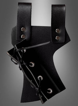 Mittelalterliche Schwertscheide mit Gürtelhalter aus schwarzem Leder mit Metallnieten, mit verstellbaren Riemen und Schnürverschluss, inspiriert von mittelalterlichen Kostümen, vor einem schlichten grauen Hintergrund abgebildet.