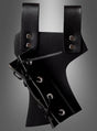 Mittelalterliche Schwertscheide mit Gürtelhalter aus schwarzem Leder mit Metallnieten, mit verstellbaren Riemen und Schnürverschluss, inspiriert von mittelalterlichen Kostümen, vor einem schlichten grauen Hintergrund abgebildet.