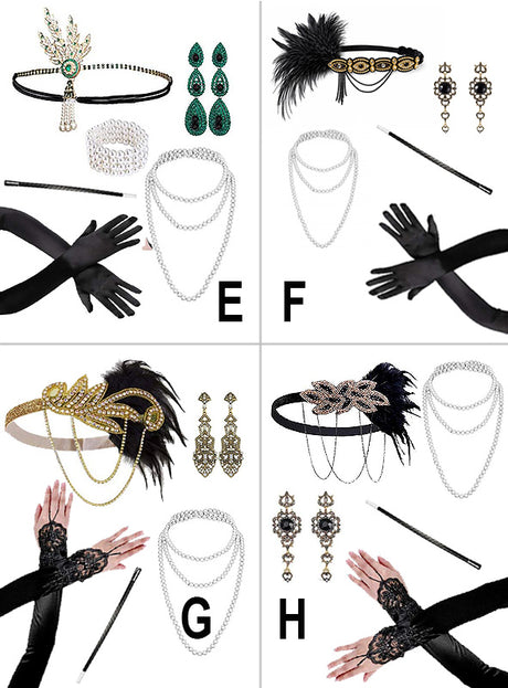 Vier einzigartige „20er-Jahre-Charleston-Accessoire-Sets mit goldenem Schmuck“ – gekennzeichnet mit E, F, G und H – bestehen jeweils aus einem Kopfschmuck, goldfarbenem Schmuck, Handschuhen, einer Zigarettenspitze und kunstvollen Details: die perfekten Flapper-Girl-Accessoires, um Ihr 20er-Jahre-Kostüm zu vervollständigen oder als unverzichtbares 20er-Charleston-Accessoire-Set.