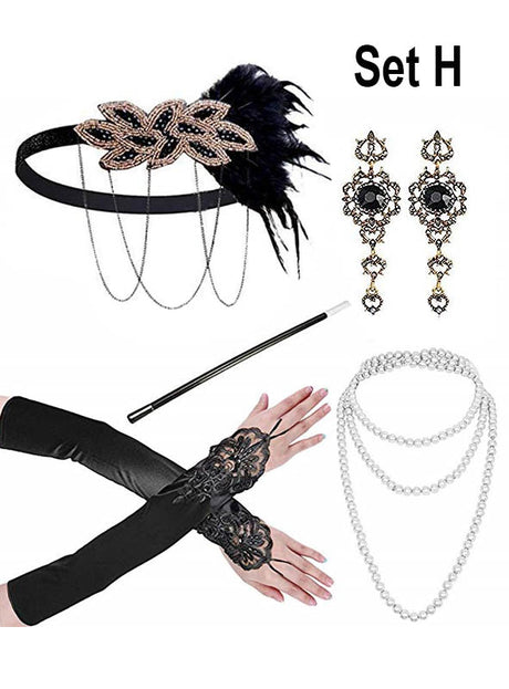 Tauchen Sie mit dem „20er Charleston“-Accessoire-Set mit goldenem Schmuck wieder in die „Roaring Twenties“ ein – bestehend aus einem Haarband mit Federn, funkelnden Hängeohrringen, einer eleganten Zigarettenspitze, schwarzen Spitzenhandschuhen und klassischen Perlenketten. Dieses Accessoire-Set im Flapper-Girl-Stil ist die perfekte Wahl für alle, die ihr authentisches 20er-Jahre-Kostüm vervollständigen und den schillernden Geist dieser Ära perfekt einfangen möchten.