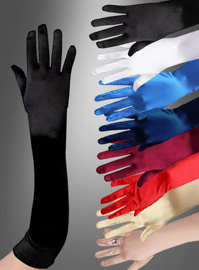 Neun lange Satinhandschuhe in verschiedenen Farben aus dem Produkt „Satinhandschuhe lang, verschiedene Farben“ sind fächerförmig auf einem grauen Hintergrund angeordnet; eine Hand am unteren Bildrand hält einen Ring in der Hand.