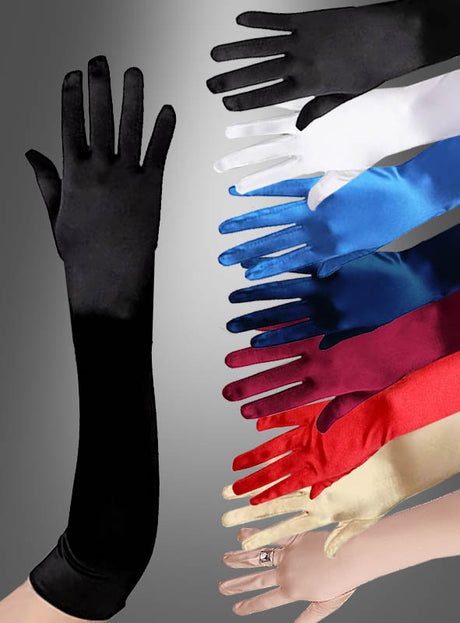 Neun lange Satinhandschuhe in verschiedenen Farben aus dem Produkt „Satinhandschuhe lang, verschiedene Farben“ sind fächerförmig auf einem grauen Hintergrund angeordnet; eine Hand am unteren Bildrand hält einen Ring in der Hand.