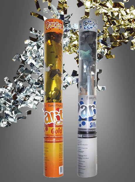 Zwei „Flitter Konfettikanone 40 cm Glamour Style“-Konfettikanonen mit den Bezeichnungen „Gold“ und „Silber“ stehen aufrecht vor einem grauen Hintergrund mit Farbverlauf, über den goldenes und silbernes Konfetti verstreut ist – diese Kanonen eignen sich perfekt als Partydekoration und verleihen jeder Feier einen funkelnden Touch.