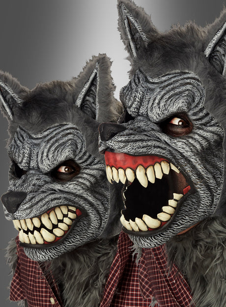 Zwei Personen tragen die detailreiche graue Ani-Motion-Maske mit entblößten Zähnen und spitzen Ohren aus dem Set „Böser Wolf – Kostüm mit Ani-Motion-Maske“. Beide sind in rote Karohhemden gekleidet, was ihren Look vor einem neutralen Hintergrund abrundet.