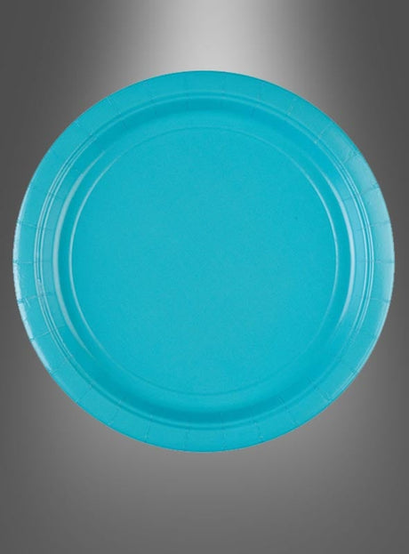 Ein 8er-Pack einfarbiger Pappteller (22,8 cm) in strahlendem Blau, perfekt für jede Veranstaltung, ist in der Mitte eines grauen, verlaufenden Hintergrunds platziert.