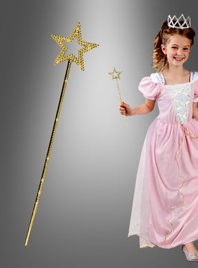 Ein Mädchen in einem rosa Prinzessinnenkleid und mit einer Tiara hält einen goldenen Zauberstab „Estelle Stern“ in der Hand; neben ihr ist auf einem grauen Hintergrund mit Farbverlauf eine Nahaufnahme des Zauberstabs „Estelle Stern“ für Kinder zu sehen, die dieses bezaubernde Kostümaccessoire besonders hervorhebt.