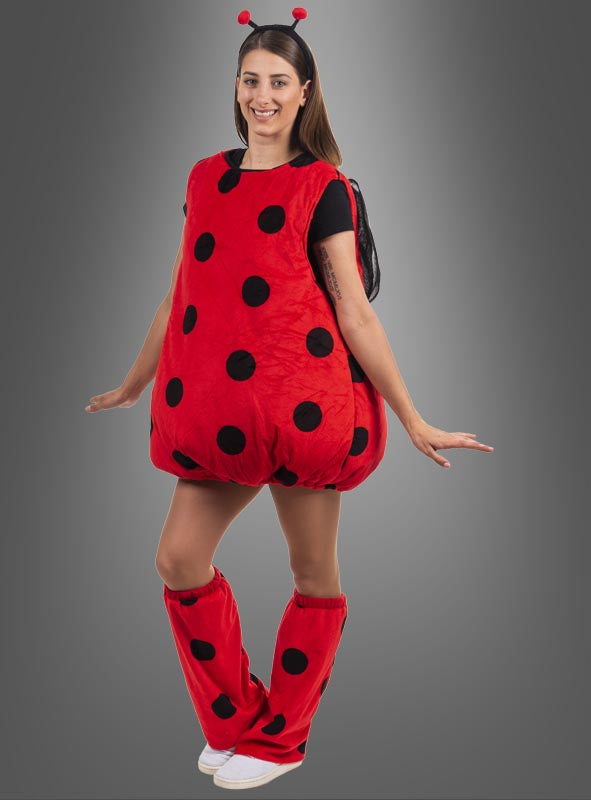 Eine Person in einem Plüsch-Marienkäfer-Kostüm aus leuchtend rotem Stoff mit schwarzen Punkten, passenden Beinbedeckungen und einem Stirnband mit Fühlern, die vor einem schlichten grauen Hintergrund posiert – ein ideales Glücksbringer-Kostüm für den Straßenkarneval.