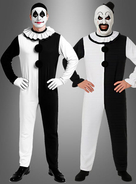Zwei Personen tragen das schwarz-weiße Clown-Kostüm im klassischen Harlekin-Design mit Rüschenkragen; eine davon hat ein dramatisches schwarz-weißes Gesichts-Make-up, das von einem Horrorclown inspiriert ist, während die andere das Kostüm mit einer weißen Maske mit übertriebenen Details kombiniert.