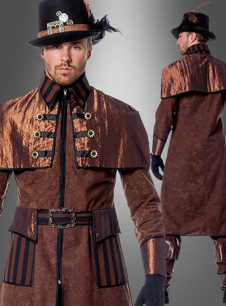 Ein Mann, der den „Deluxe Steampunk Mantel Montgomery“ in Braun trägt – mit gestreiften Akzenten, goldenen Knöpfen, Handschuhen und einem verzierten schwarzen Hut –, wird sowohl von vorne als auch von hinten gezeigt.