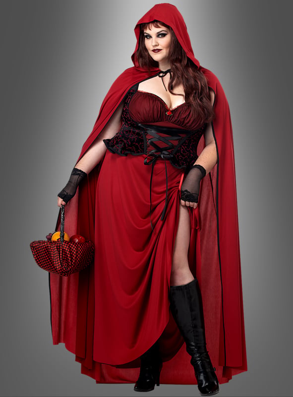 Eine Frau im Rotkäppchen-Kostüm XXL – ein auffälliger roter Kapuzenmantel, kombiniert mit einem Korsettkleid – hält einen Korb mit Obst in der Hand und rundet damit den bezaubernden Märchen-Look ab. Als Accessoires trägt sie schwarze Handschuhe und kniehohe Stiefel und steht vor einem schlichten grauen Hintergrund – eine ideale Wahl für alle, die auf der Suche nach einem auffälligen Märchenkostüm oder Karnevalskostüm sind.