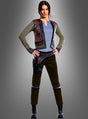 Eine Frau steht mit den Händen in den Hüften da. Sie trägt ein von Science-Fiction inspiriertes Outfit, das dem „Star Wars: Rogue One“-Kostüm von Jyn Erso für Erwachsene nachempfunden ist und aus einer eleganten Jacke, einem Funktionsgürtel und schwarzen Stiefeln besteht – wodurch der authentische Look dieses offiziellen „Star Wars“-Kostüms perfekt zur Geltung kommt –, vor einem schlichten Hintergrund mit Farbverlauf.
