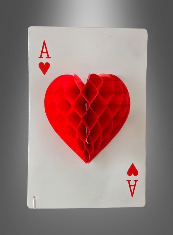 Casino-Party-Girlanden mit Spielkartendekoration: Im Mittelpunkt steht ein Herz-Ass mit einem dreidimensionalen roten Papierherz in der Mitte, vor einem grauen Hintergrund mit Farbverlauf – die perfekte Dekoration für Ihre nächste Casino-Party oder eine Veranstaltung im Las-Vegas-Stil.