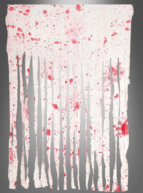 Ein weißer „Halloween-Vorhang – blutig oder schwarz“ hängt senkrecht und ist mit langen, unregelmäßigen Streifen und roten Spritzern verziert, die wie Farbflecken aussehen – perfekt, um Ihrer nächsten Zombie-Party eine gruselige Note zu verleihen oder als auffälliges Element Ihrer Halloween-Dekoration zu dienen.