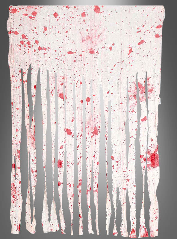 Der „Halloween-Vorhang – blutig oder schwarz“ ist ein weißer Stoffvorhang mit vertikalen Streifen und roten Spritzflecken, die wie Blut aussehen. Er hat einen grauen Hintergrund sowie unregelmäßige und zerrissene Kanten – damit ist er die ideale Halloween-Dekoration für jede Zombie-Party.