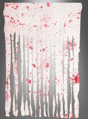 Der „Halloween-Vorhang – blutig oder schwarz“ ist ein weißer Stoffvorhang mit vertikalen Streifen und roten Spritzflecken, die wie Blut aussehen. Er hat einen grauen Hintergrund sowie unregelmäßige und zerrissene Kanten – damit ist er die ideale Halloween-Dekoration für jede Zombie-Party.