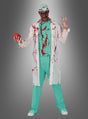 Eine Person im „Blutiger Zombie-Doktor“-Kostüm, bestehend aus türkisfarbenem OP-Kittel, einem weißen Arztkittel, einem Stethoskop, einem Kopfspiegel, einer OP-Maske und einem künstlichen Herzen mit blutigen Details, steht vor einem grauen Hintergrund – perfekt für alle, die ein auffälliges Halloween-Kostüm suchen.