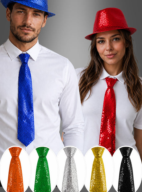 Zwei Personen tragen weiße Hemden, dazu passende Pailletten-Krawatten-Unisex-Hüte und -Krawatten – blau für den Mann, rot für die Frau. Diese funkelnden Pailletten-Krawatten-Unisex-Stücke sind ideale Karnevalsaccessoires für jeden festlichen Anlass. Darunter sind fünf farbenfrohe Pailletten-Krawatten-Unisex-Modelle in Blau, Grün, Silber, Rot, Gelb und Schwarz ausgestellt.