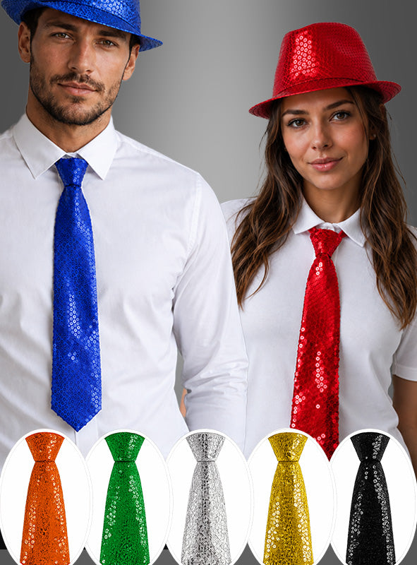 Zwei Personen tragen weiße Hemden, dazu passende Pailletten-Krawatten-Unisex-Hüte und -Krawatten – blau für den Mann, rot für die Frau. Diese funkelnden Pailletten-Krawatten-Unisex-Stücke sind ideale Karnevalsaccessoires für jeden festlichen Anlass. Darunter sind fünf farbenfrohe Pailletten-Krawatten-Unisex-Modelle in Blau, Grün, Silber, Rot, Gelb und Schwarz ausgestellt.