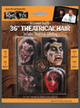 Verpackung für „Theaterhaar Hollywood Qualität BRAUN“ mit Fotos verschiedener Monster-Make-up-Looks – darunter eine Werwolf-Verwandlung – sowie einem Foto von Doctor Phil und Monsterella. Enthält Kleber und eignet sich ideal zur Kombination mit Latexmasken für Spezialeffekte oder Theaterhaar-Anwendungen.