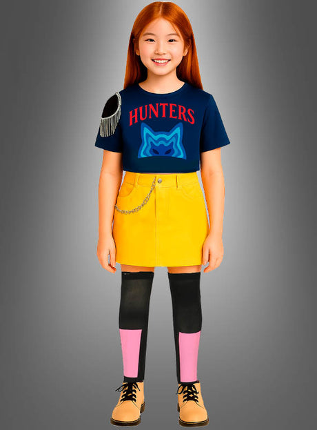 Ein lächelndes Mädchen, das das „K-Pop Hunters Mari“-Kostüm für Mädchen trägt – bestehend aus einem T-Shirt mit Wolfsmotiv, einem gelben Rock, schwarzen und rosa Leggings sowie hellbraunen Stiefeln –, steht vor einem grauen Hintergrund mit Farbverlauf und verkörpert damit perfekt den verspielten Charakter eines Karnevalsoutfits und ergibt ein bezauberndes Kinderkostüm.