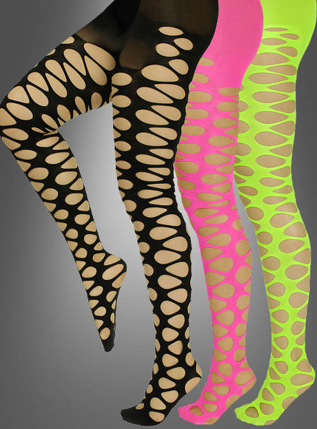 Drei Paar Strumpfhosen mit Lochmuster im 80er-Jahre-Stil in Schwarz, Neonrosa und Neongrün sind auf Beinen vor einem grauen Hintergrund abgebildet und vermitteln ein auffälliges Neon-Lochmuster sowie den unverkennbaren 80er-Jahre-Stil.