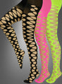 Drei Paar Strumpfhosen mit Lochmuster im 80er-Jahre-Stil in Schwarz, Neonrosa und Neongrün sind auf Beinen vor einem grauen Hintergrund abgebildet und vermitteln ein auffälliges Neon-Lochmuster sowie den unverkennbaren 80er-Jahre-Stil.